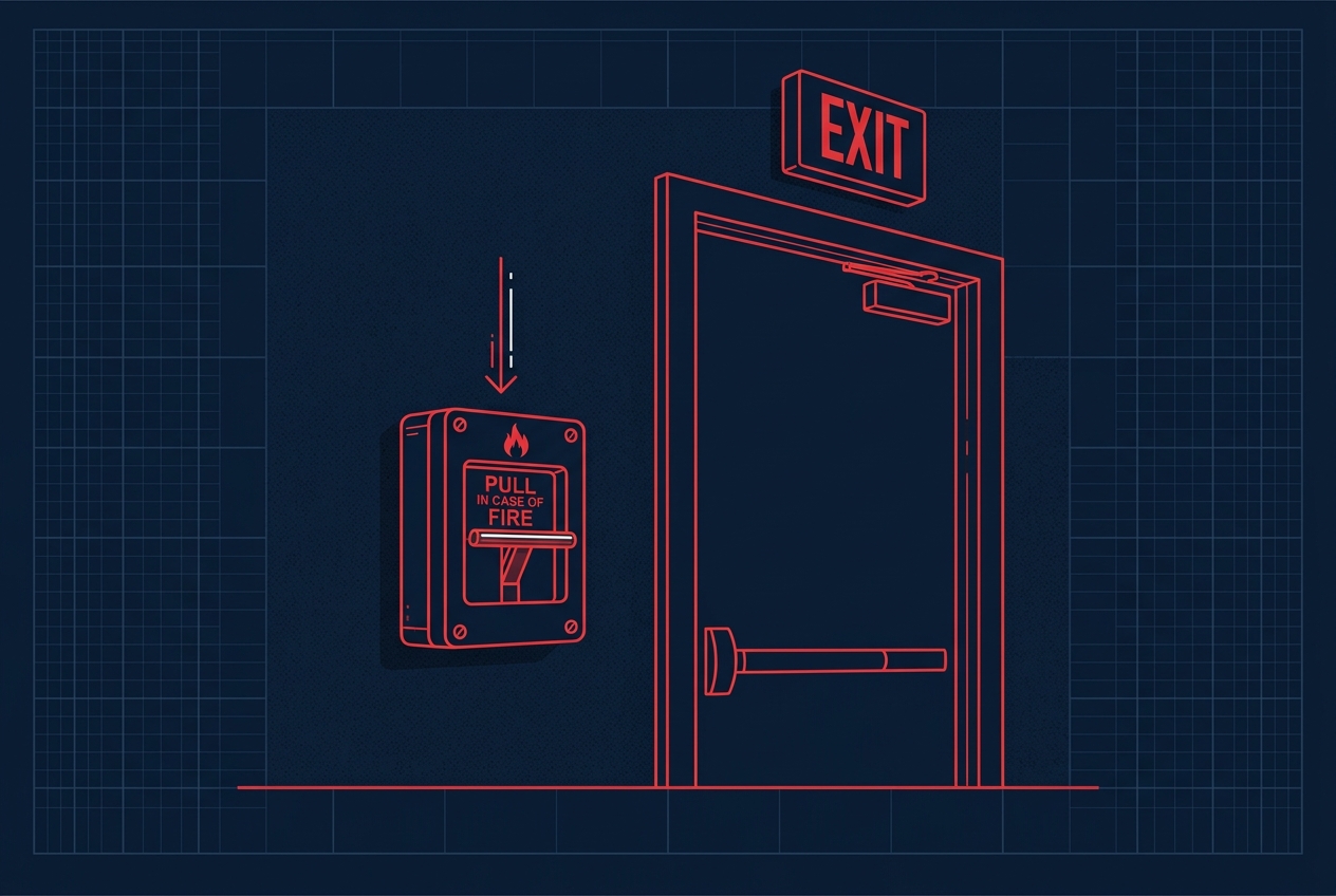 Illustration of a manual fire alarm pull station mounted beside an exit door